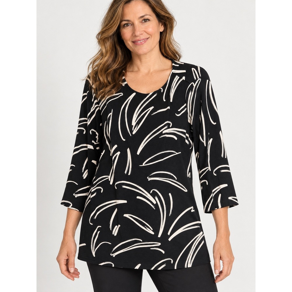 Chicos Travelers Tunic Top Black White Abstract Print 3/4 Sleeve Size 2 Large